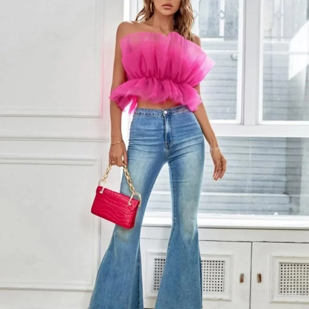 Ruffle Trim Strapless Crop Mesh Tube Top Hot pink - Picture 2 of 6